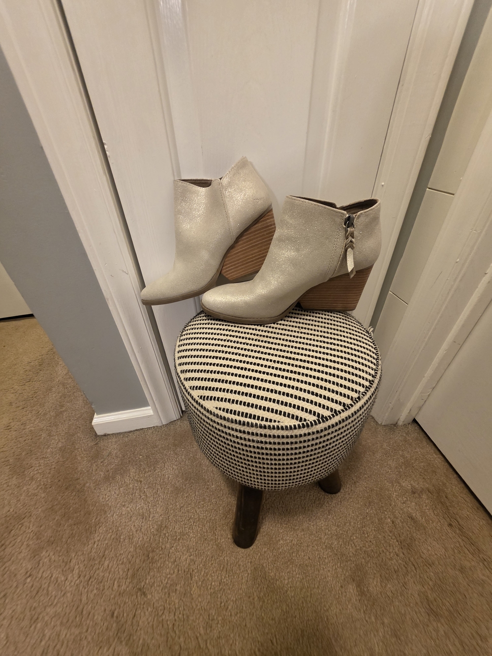 Tom's Women's Metallic Cream Ankle Booties with Wooden Wedge Heel